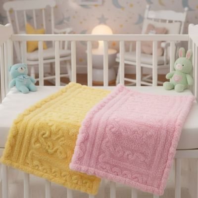 2 couvertures bébé rose et jaune déposées sur lit