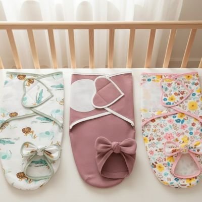 3 Couvertures d'emmaillotage et bonnets déposés sur lit bébé