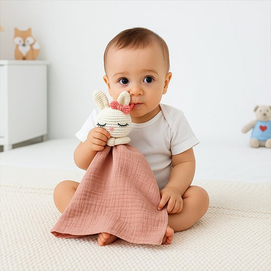 Bébé garçon assis tient doudou lapin 
