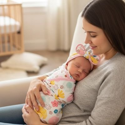 Maman berce bébé dans sa couverture d'emmaillotage 