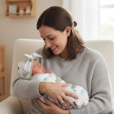 Maman sourit et regarde bébé dans couverture d'emmaillotage