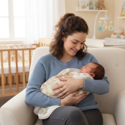 Maman sourit regarde bébé couverture emmaillotage bébé egarde