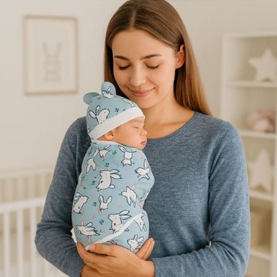 Maman tient bébé dans couverture emmaillotage bleu lapin