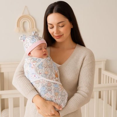 Maman tient bébé dans couverture emmaillotage rose lapin
