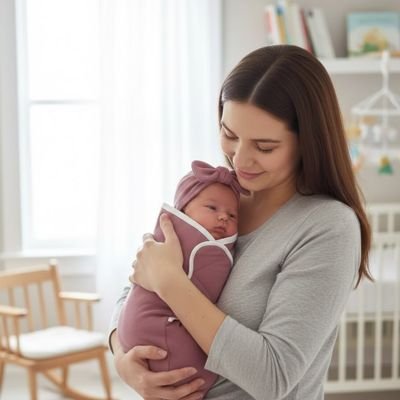 Maman tient bébé dans sa couverture d'emmaillotage 