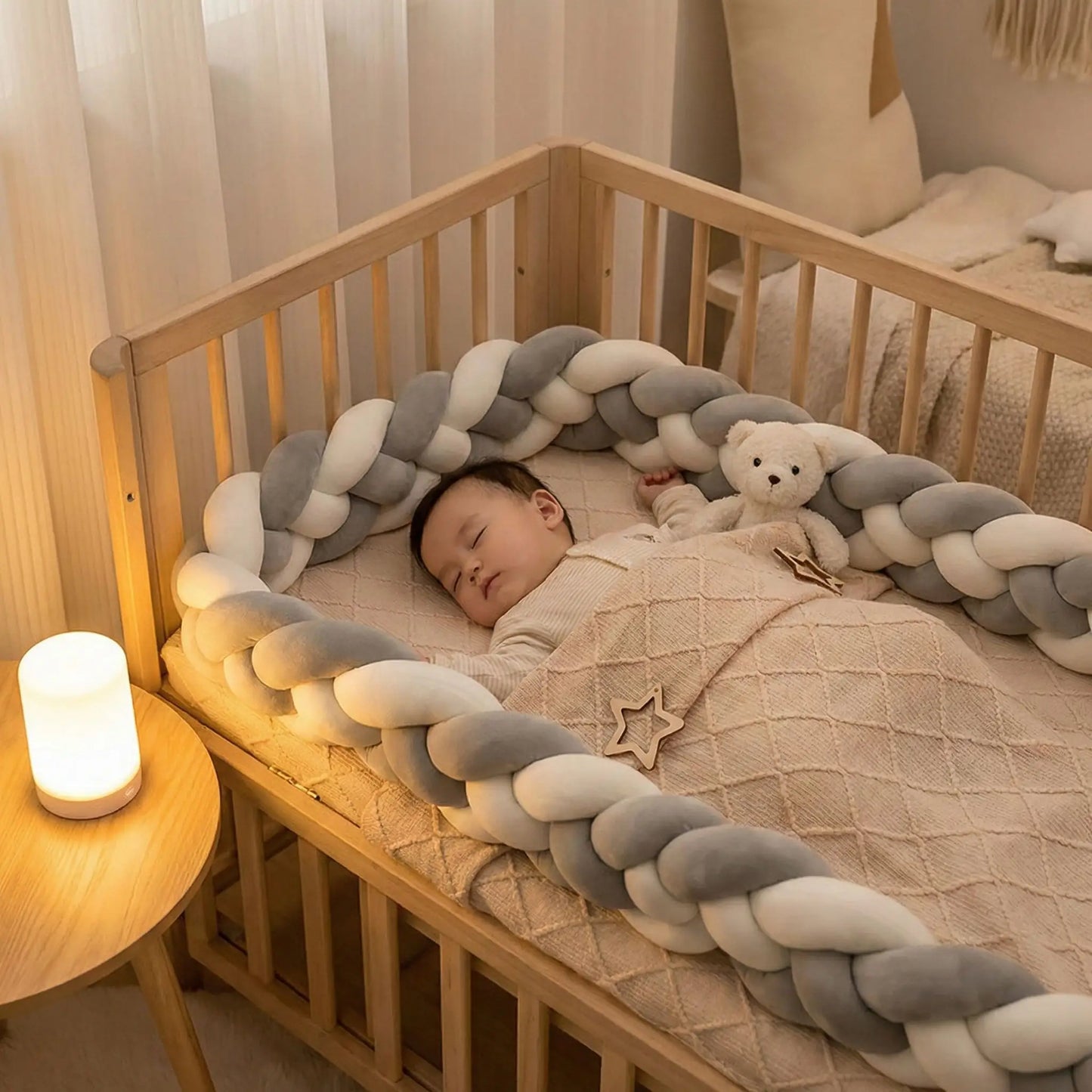 Tour de lit bebe tressé avec bébé endormi avec ourson en peluche