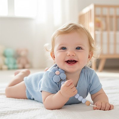Attache tétine bébé garçon  rit couché sur le ventre