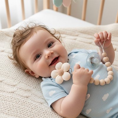 Attache tétine bébé rit couché sur dos
