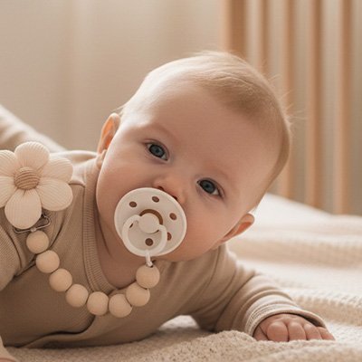 Attache tétine dans la bouche bébé couché