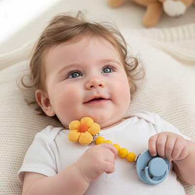 attache tétine sur bébé couche sur dos
