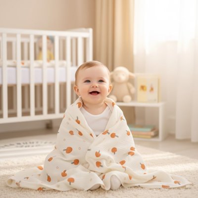 Bébé assis par terre avec couverture bebe sur lui