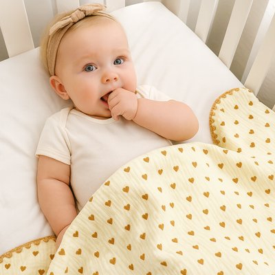 Bébé avec main sur bouche caché avec couverture bébé coeur