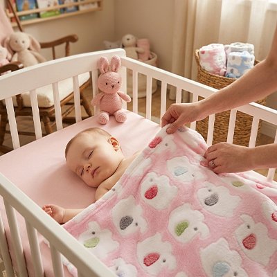 Bébé couché avec couverture laine pour bébé rose