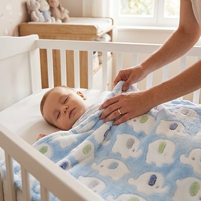 Bébé dort avec couverture laine pour bébé bleue