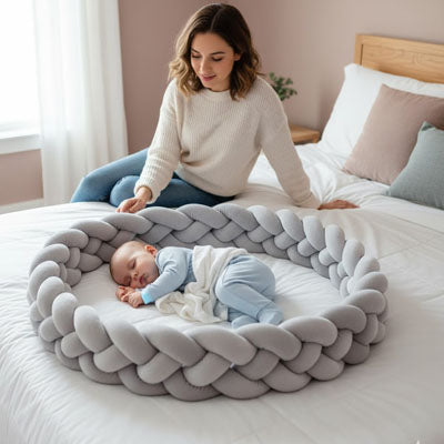 bebe dort sur cote tresse de lit bebe ronde autour maman surveille