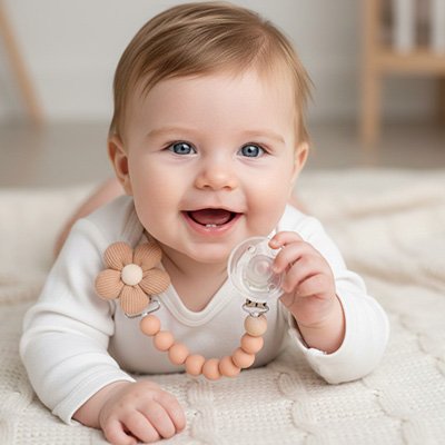 bébé garçon couché sur ventre attache tétine attachée sur body