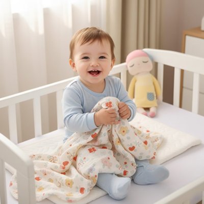 Bébé rit assis dans son lit avec couverture bebe 