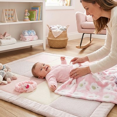 Bébé rit couché sur couverture laine pour bébé rose