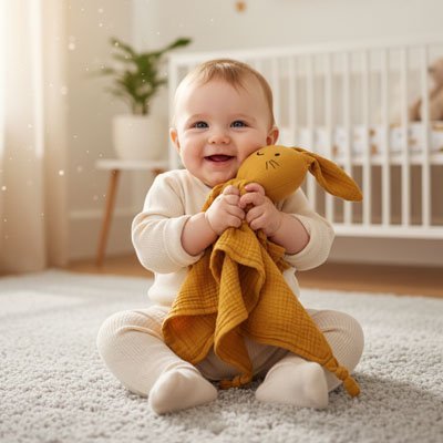 Bébé fait un calin à son doudou lapin 