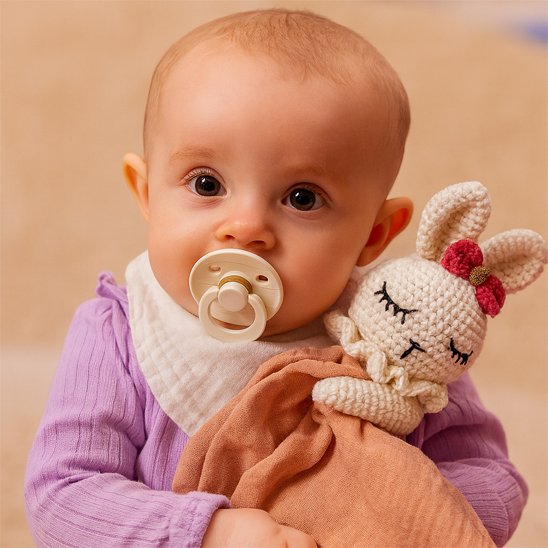 Bébé qui serre Doudou lapin dans ses bras