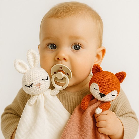 Bébé qui serre deux doudou lapin et renard