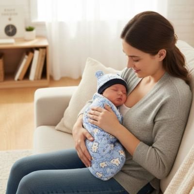 maman avec bébé dans ses bras avec couverture emmaillotage et bonnet-bleu