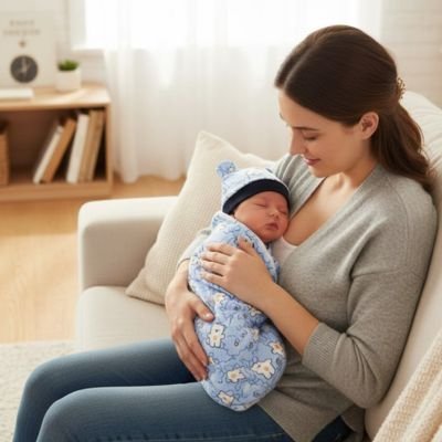 maman bébé dans bras avec couverture emmaillotage et bonnet