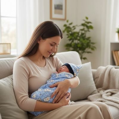 maman regarde bébé dans ses bras couverture emmaillotage bleu