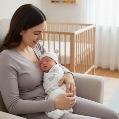 maman regarde et sourit bébé dans ses bras couverture emmaillotage blanc