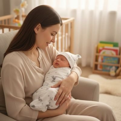 maman sourit bébé dans bras couverture emmaillotage et bonnet 