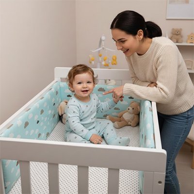 Tour de lit bébé autour du lit bébé assis maman le regarde 
