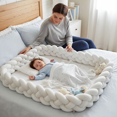 bebe dort sur dos tresse de lit bebe autour maman regarde
